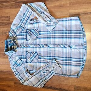 Roar Men's Blue Gray Plaid Embroidered Western Embroidered Button Down Shirt